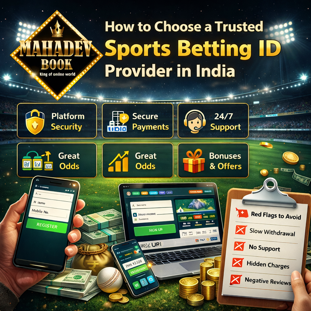 Mahadev Book guide banner showing how to choose a trusted sports betting ID provider in India with security, payments, support and bonus features