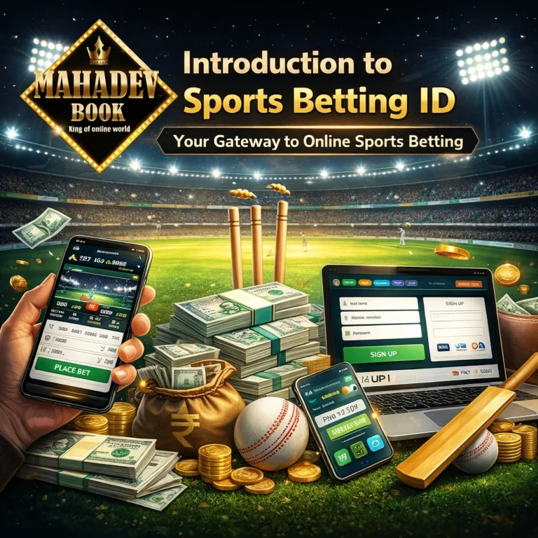 Mahadev Book Sports Betting ID introduction banner with cricket stadium, live betting app, cash, and online signup platform