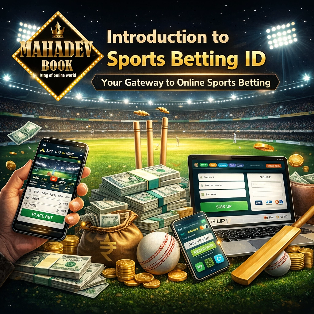 Mahadev Book Sports Betting ID introduction banner with cricket stadium, live betting app, cash, and online signup platform
