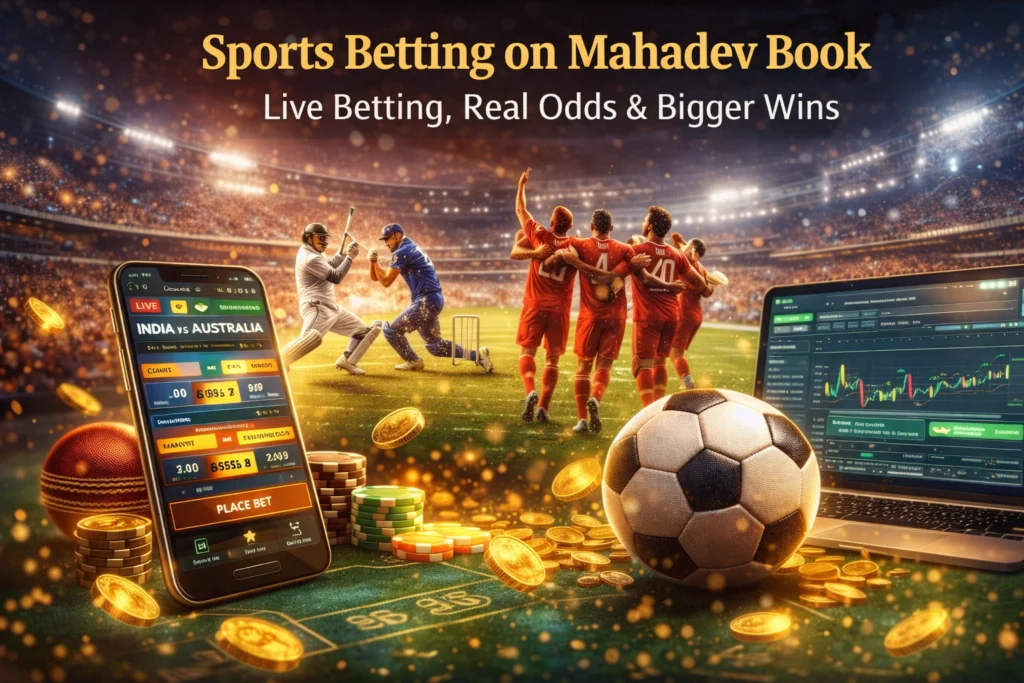 Mahadev Book sports betting platform showing live cricket and football betting odds on mobile and laptop