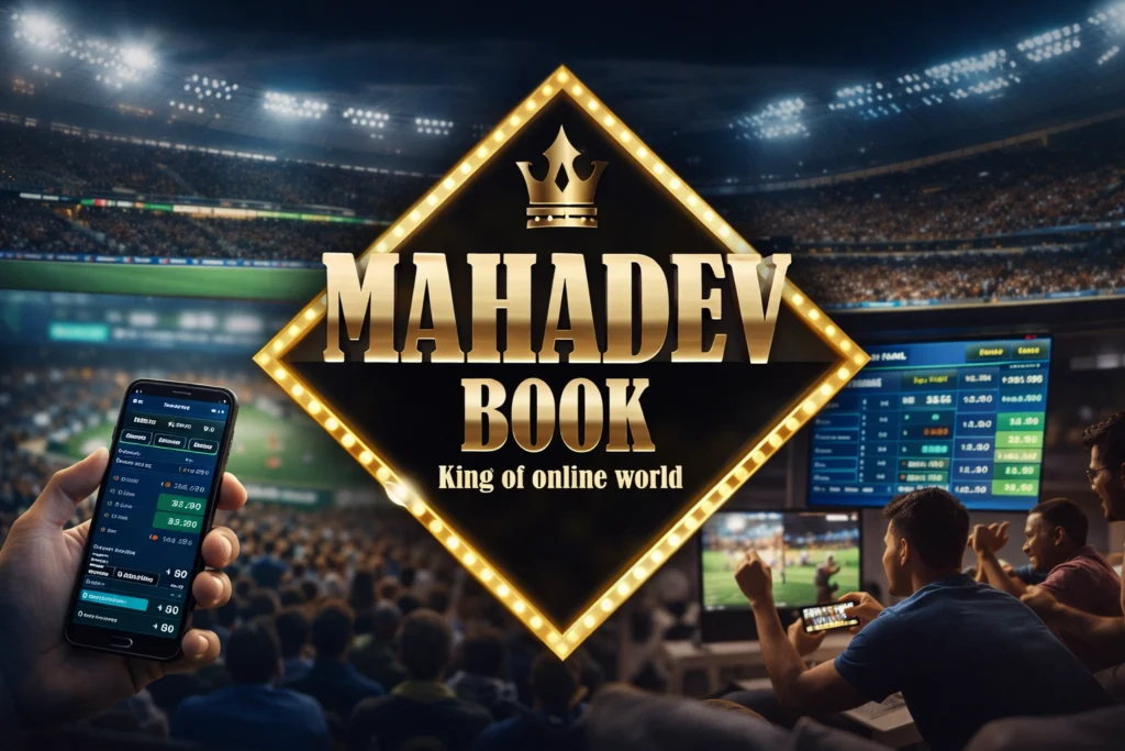 Mahadev Cricket ID logo with live cricket stadium background