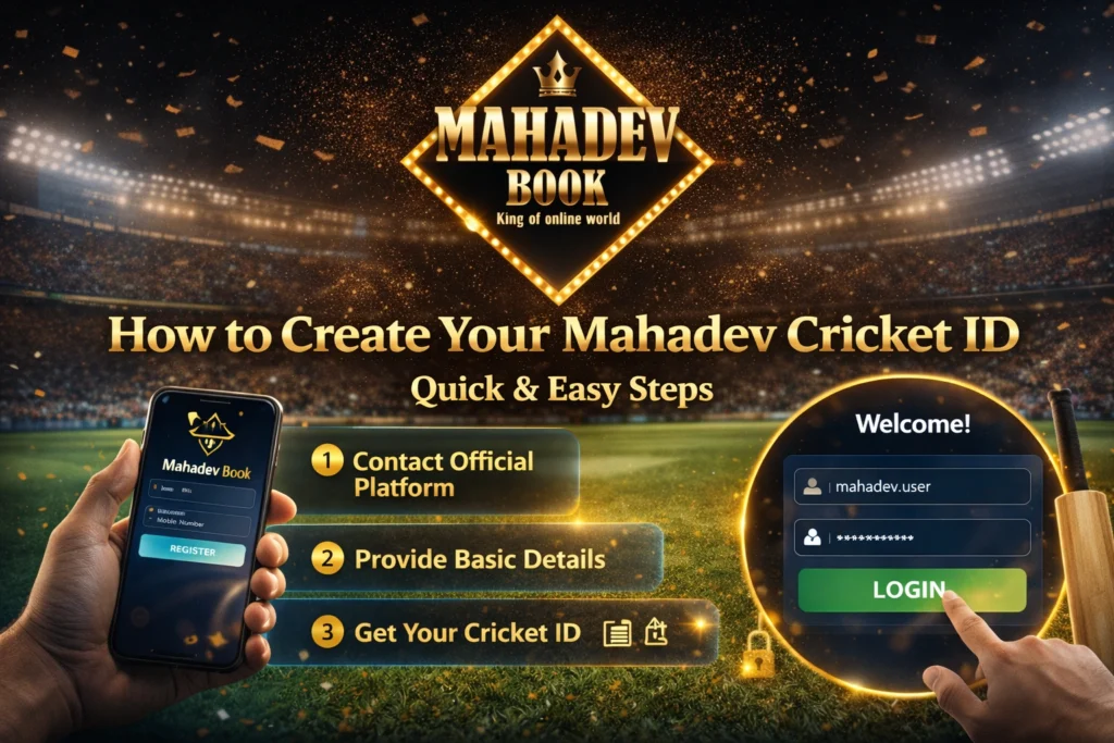 Mahadev Cricket ID logo with cricket stadium background and live score platform