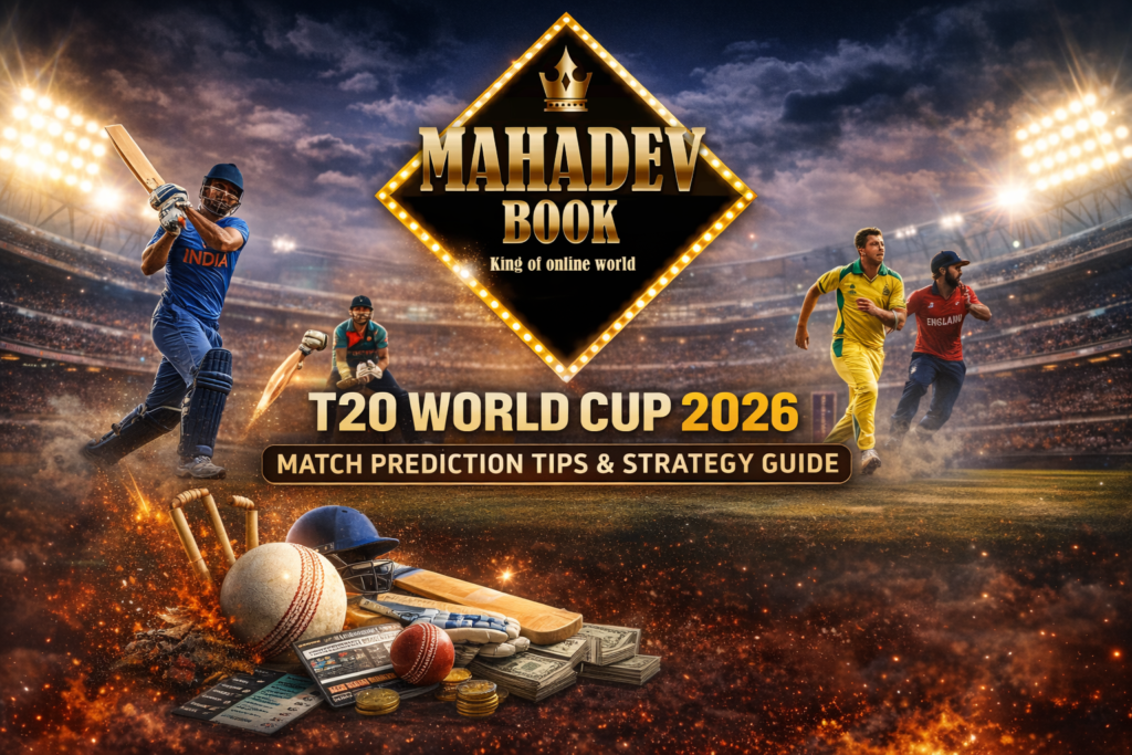 T20 World Cup 2026 match prediction tips and strategy guide banner with Mahadev Book logo and cricket players in stadium