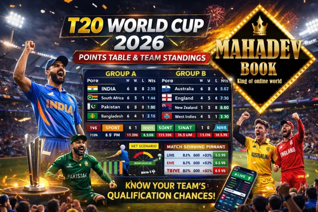 T20 World Cup 2026 Points Table showing team standings and NRR