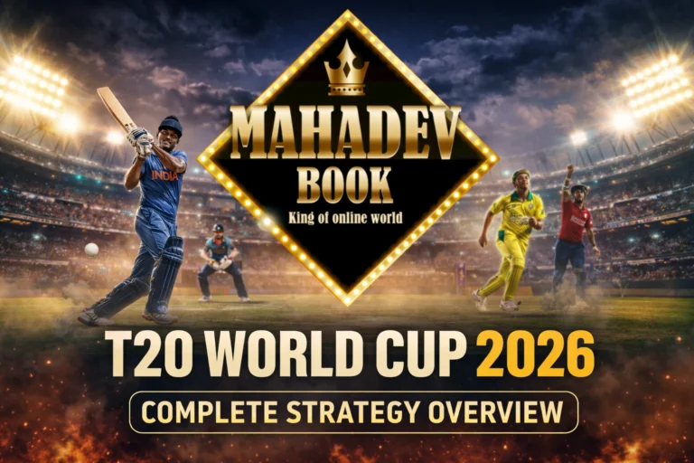 T20 World Cup 2026 complete strategy overview with Mahadev Book logo and international cricket players in stadium