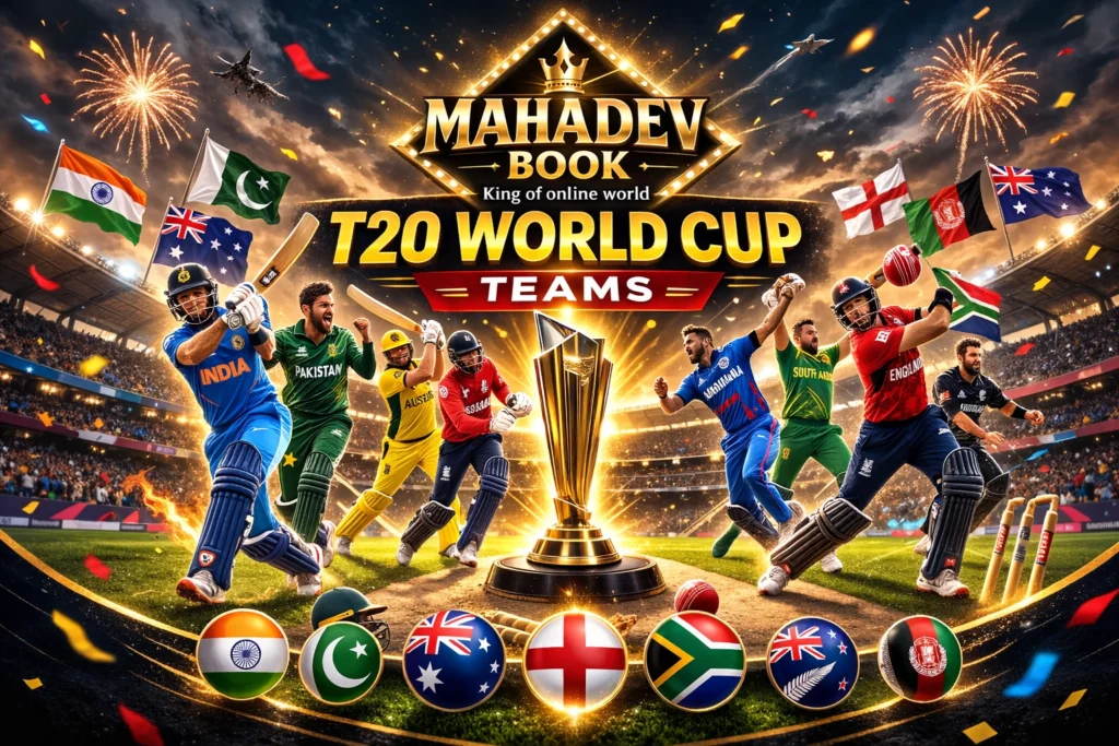 T20 World Cup Teams 2026 banner with stadium, trophy and Mahadev Book logo