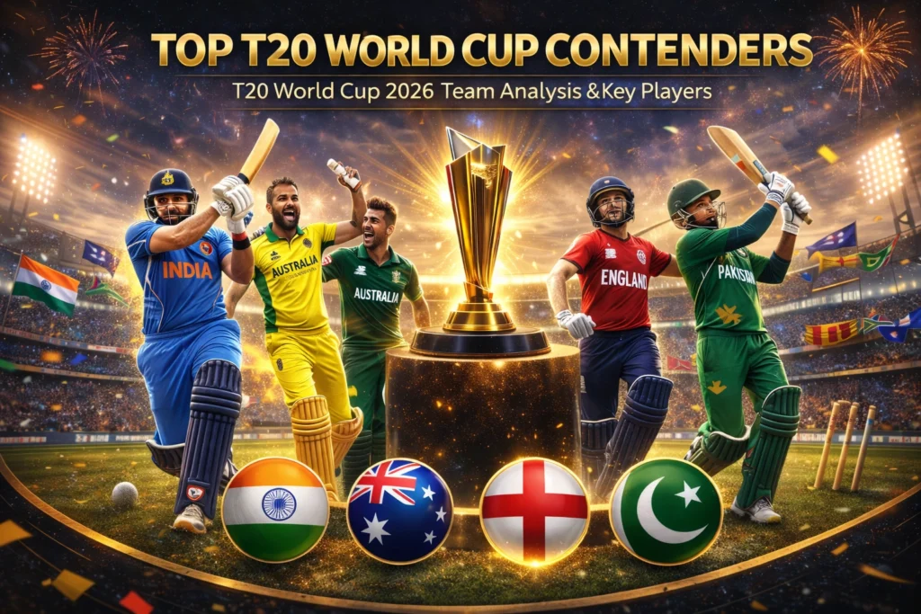 Top T20 World Cup 2026 contenders featuring India, Australia, England and Pakistan with trophy