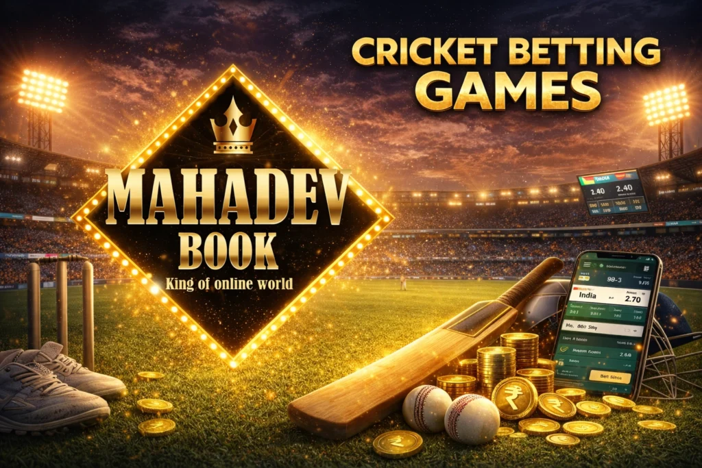 Mahadev Book cricket betting games banner with stadium background, gold logo, cricket bat, coins, and mobile betting app display.