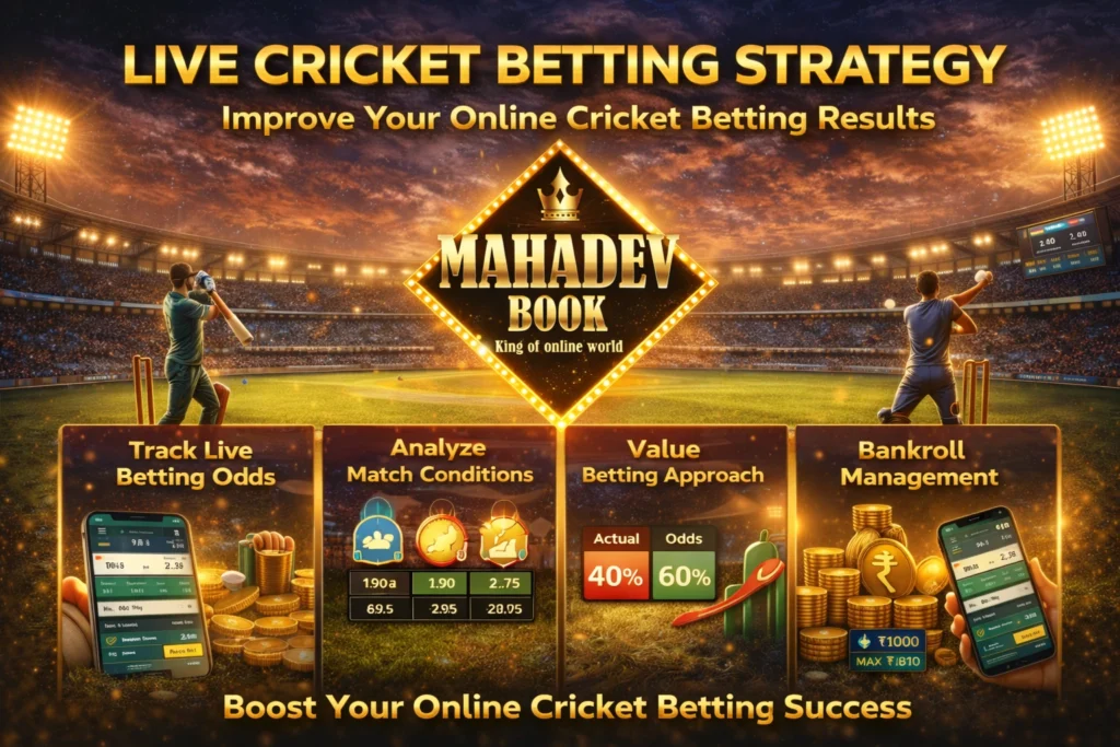 Live cricket betting strategy banner showing real-time betting odds, bankroll management tips, value betting approach and Mahadev Book branding in cricket stadium background.