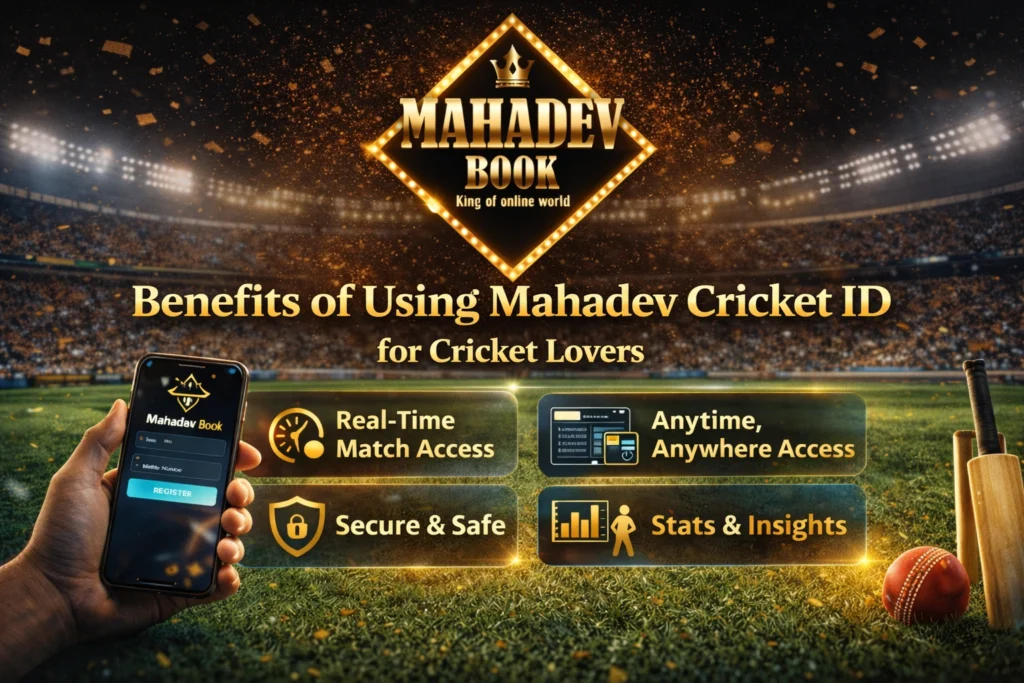 Mahadev Cricket ID platform banner showing live cricket scores, mobile login, and stadium background