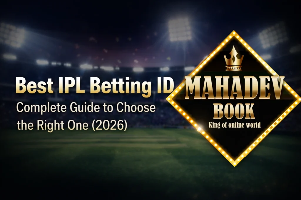 Best IPL Betting ID 2026 guide banner with Mahadev Book logo and cricket stadium background
