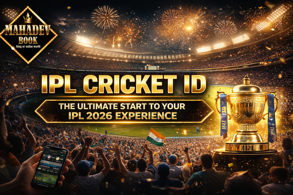 IPL Cricket ID 2026 with Mahadev Book logo and live stadium