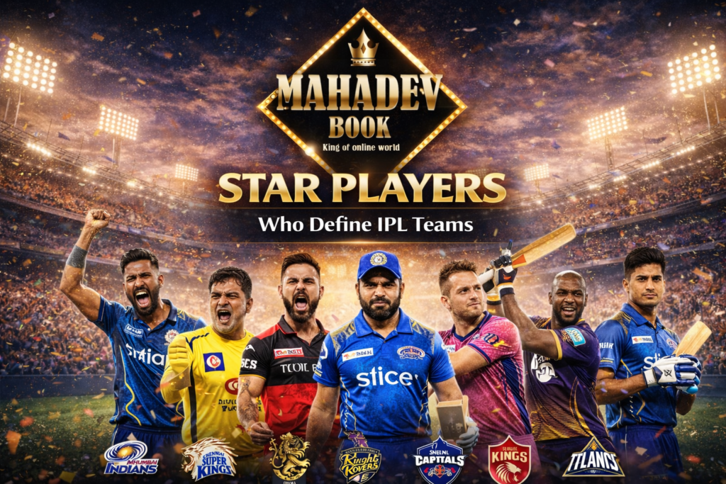 IPL star players including Virat Kohli, MS Dhoni and Rohit Sharma with Mahadev Book logo
