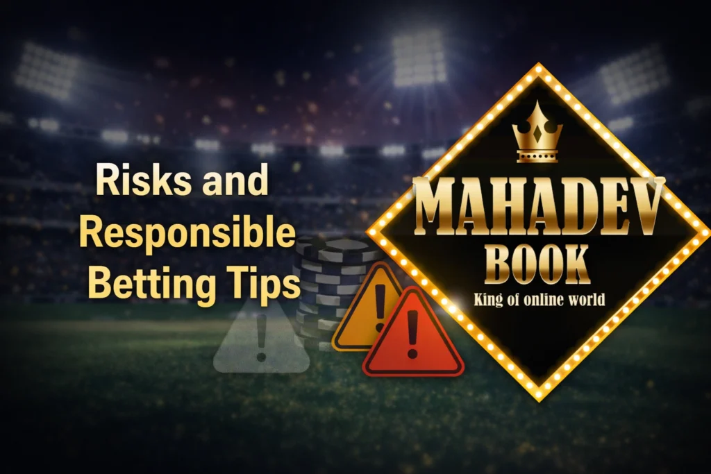 Risks and responsible betting tips for IPL betting with Mahadev Book logo showing safe betting practices and security awareness