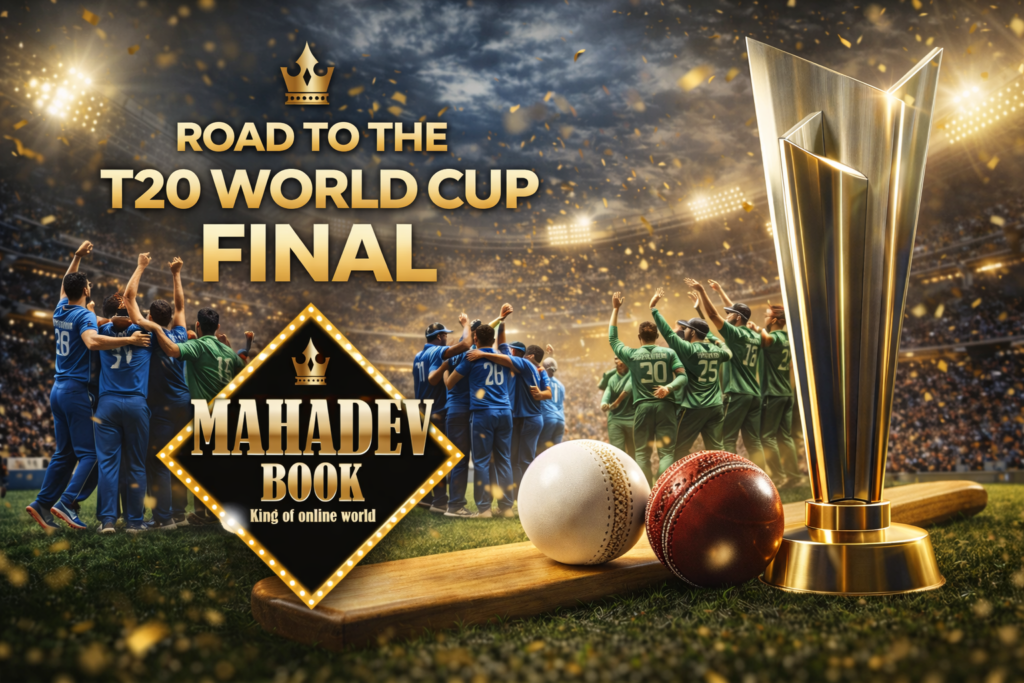 Road to the T20 World Cup Final cricket tournament journey with trophy and Mahadev Book logo