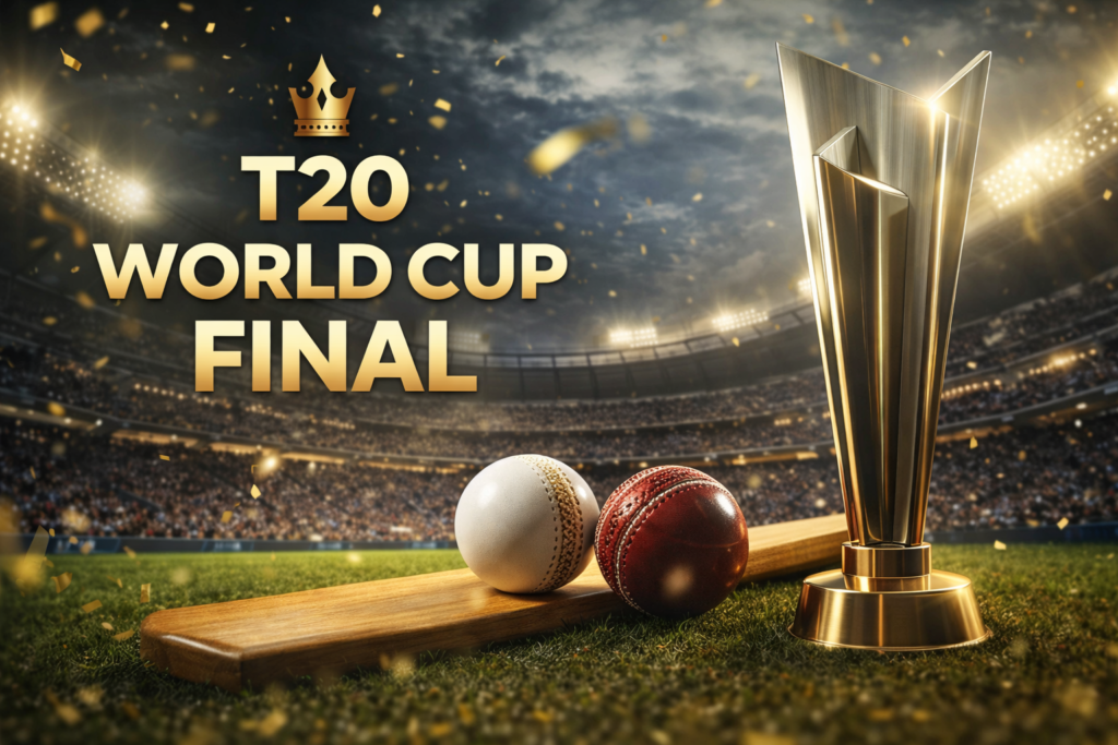 T20 World Cup Final match stadium atmosphere with players and trophy