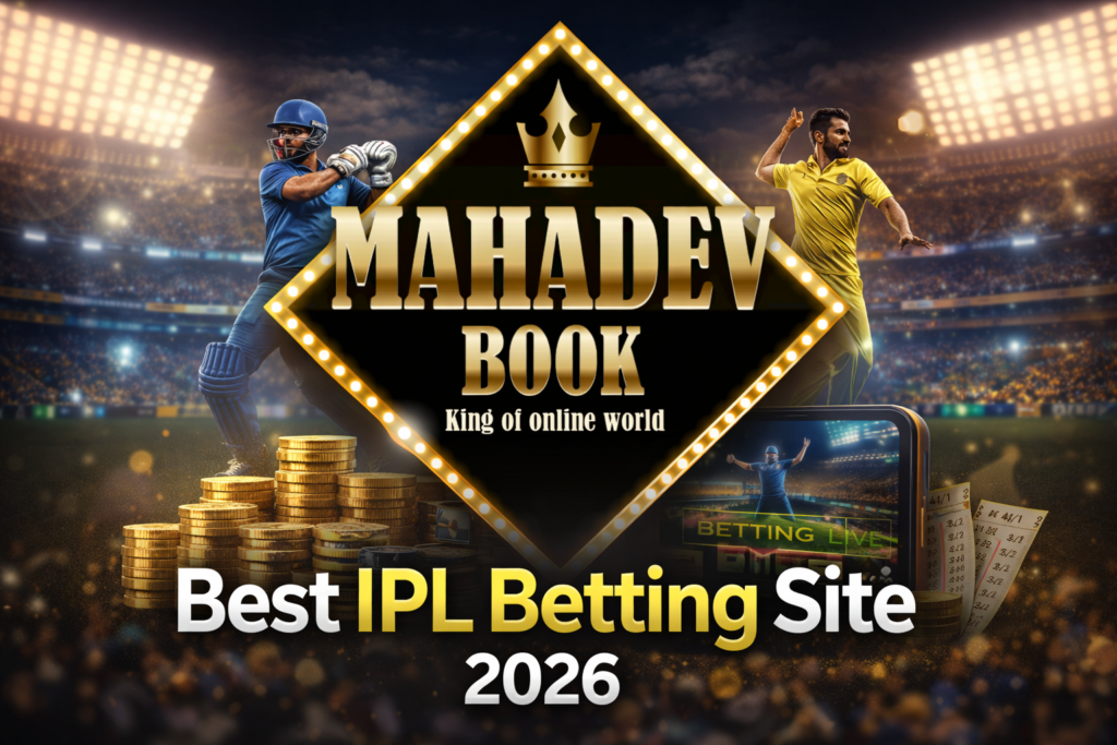 Best IPL betting site 2026 Mahadev Book logo with cricket players and live betting concept