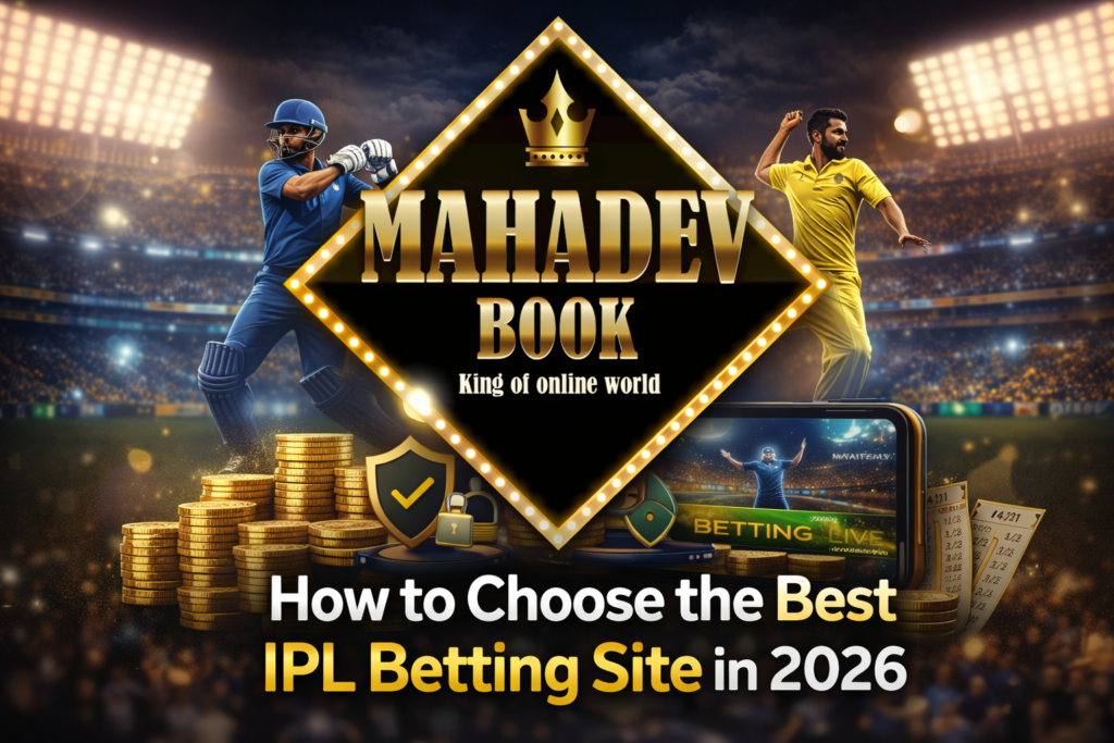 How to choose the best IPL betting site in 2026 Mahadev Book logo with cricket players and betting interfacev