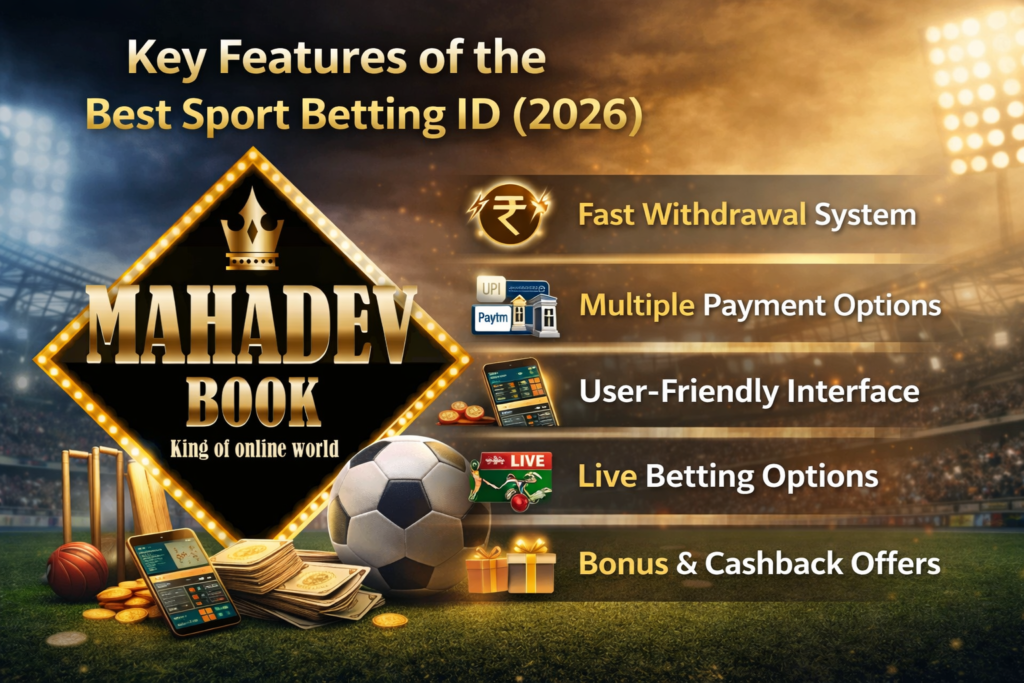 Key Features of Best Sport Betting ID 2026 with Mahadev Book logo showing fast withdrawal, secure betting, and trusted online sports betting platform