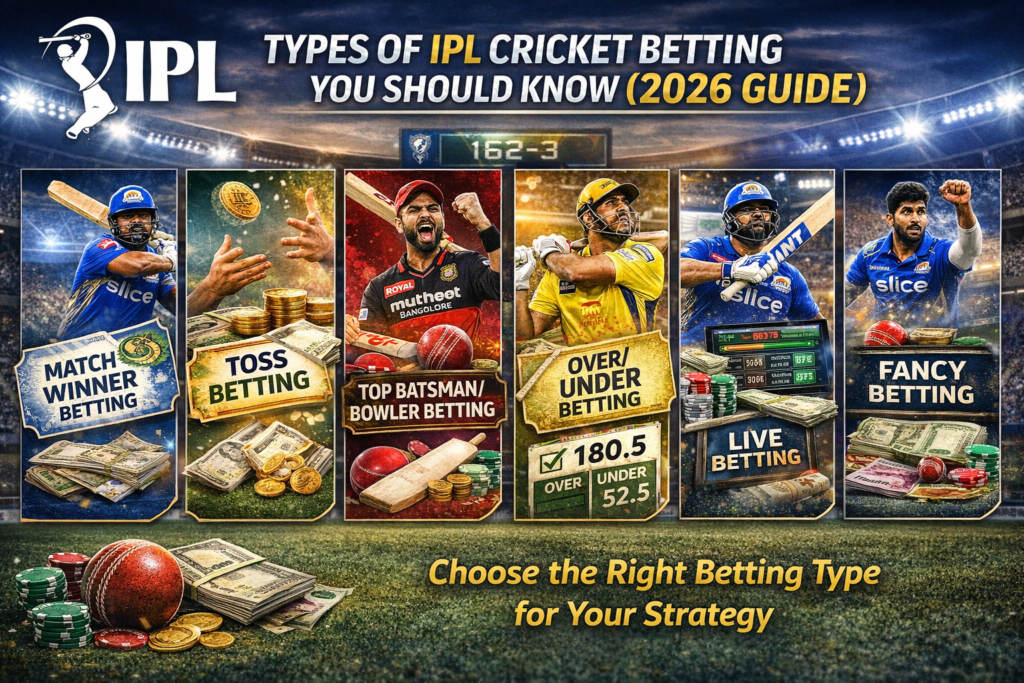 Types of IPL cricket betting 2026 including match winner, toss, live betting and betting strategies